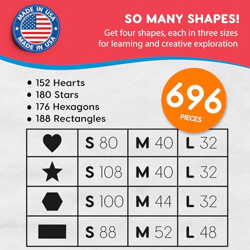 FreshCut Crafts Basic Shapes 2: Hearts, Stars, Hexagons, Rectangles, 696 Pieces US Made Card Stock Punch Out Geometric Shapes in 3 Sizes and 4 Primary Colors for Math, Pattern Play and DIY Crafting - Image 4