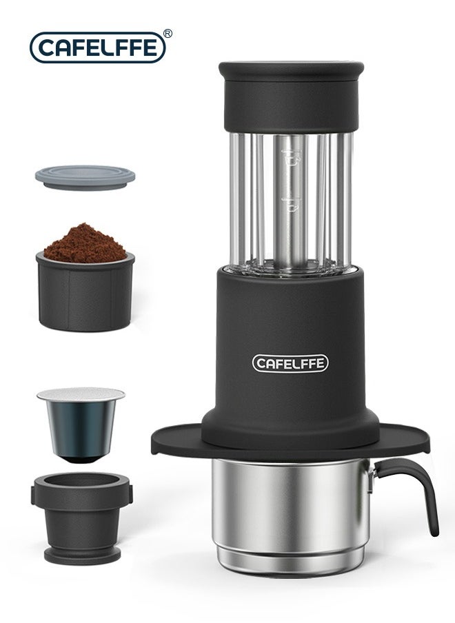 Cafelffe New 2-in-1 Portable Coffee Machine Hand Press Coffee Maker With Bracket Compatible With Larger Cup Sizes and Stainless Steel Coffee Cups For Outdoor Travel And Camping Black  - Image 1