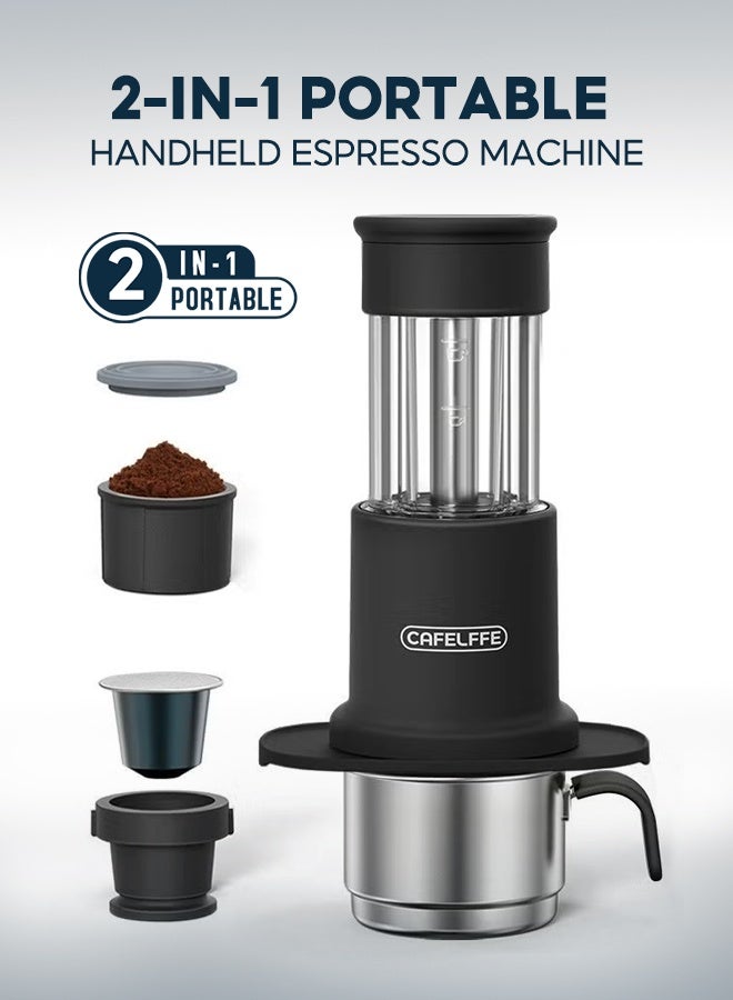 Cafelffe New 2-in-1 Portable Coffee Machine Hand Press Coffee Maker With Bracket Compatible With Larger Cup Sizes and Stainless Steel Coffee Cups For Outdoor Travel And Camping Black - Image 1