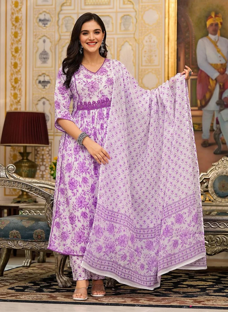 ISHIN  Women Lilac Cotton 3 pcs Kurta Set for Women | Best Price UAE