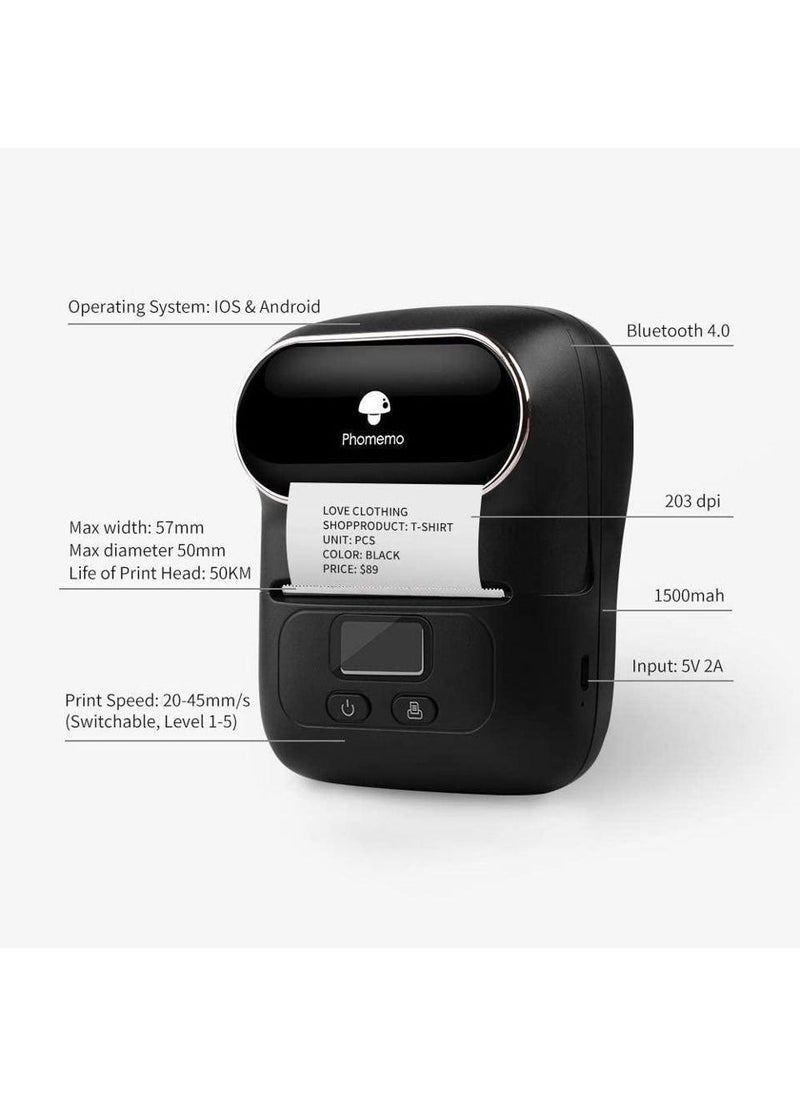 Generic - Phomemo M110 Portable Thermal Label Printer Bluetooth Connection Apply For Labeling Shipping Office Cable Retail Barcode And More with 1 40×30mm Label Roll Black Plus Free Paper - Image 1