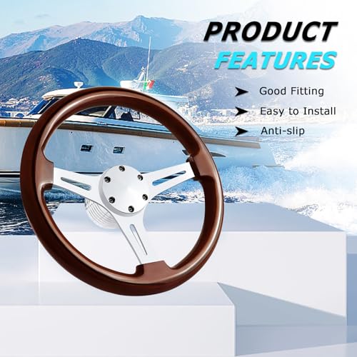 VOONKE 138 Boat Steering Wheel with 34 Tapered Shaft 6 bolts Wood Grain Classic Nostalgia Boat Steering Wheel for Seastar and Verad for Marine Boats YachtVesselsPontoon MarineMirroredsilver - Image 3