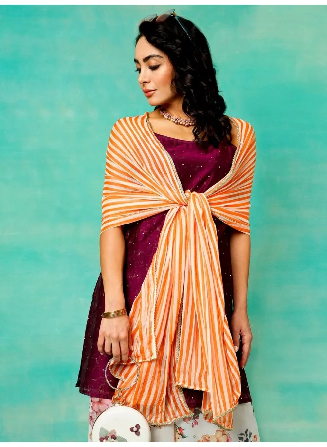 AKS Maroon Foil Printed Kurta & Foral Printed Palazzo With Dupatta Set