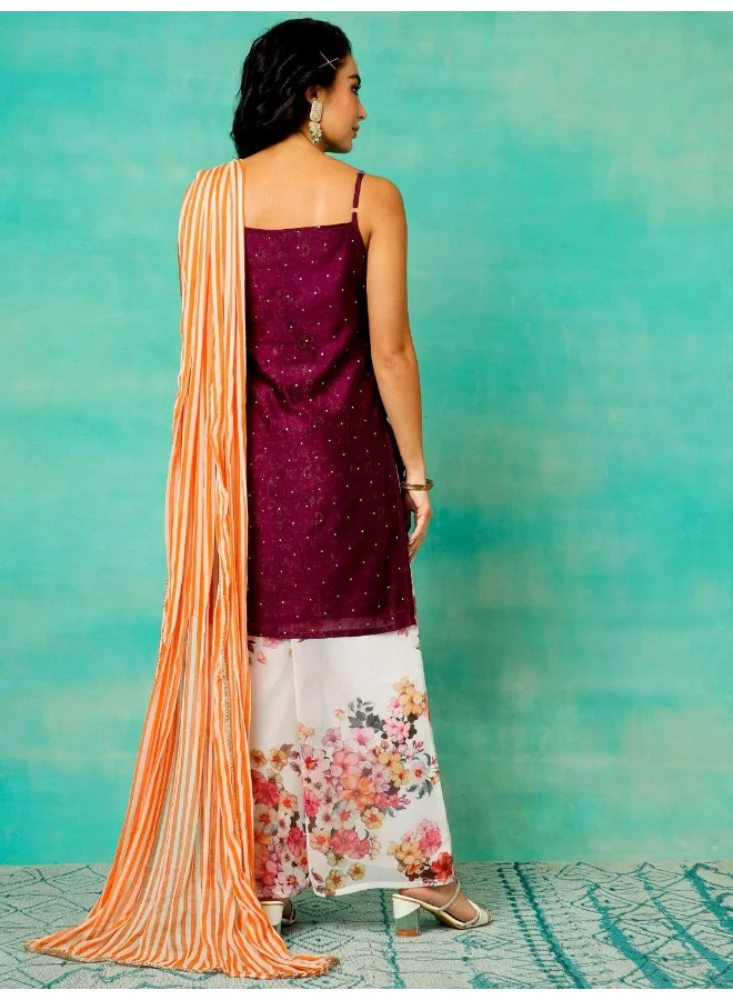 AKS Maroon Foil Printed Kurta & Foral Printed Palazzo With Dupatta Set