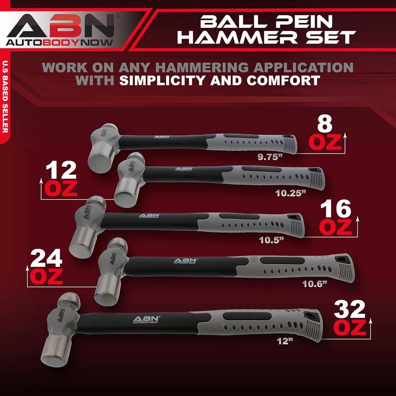 ABN Ball Pein Hammer 5-pc Set – 8, 12, 16, 24, 32 oz – Fiberglass & Carbon Steel for Metal Rivet, Chisel, Punch - Image 2