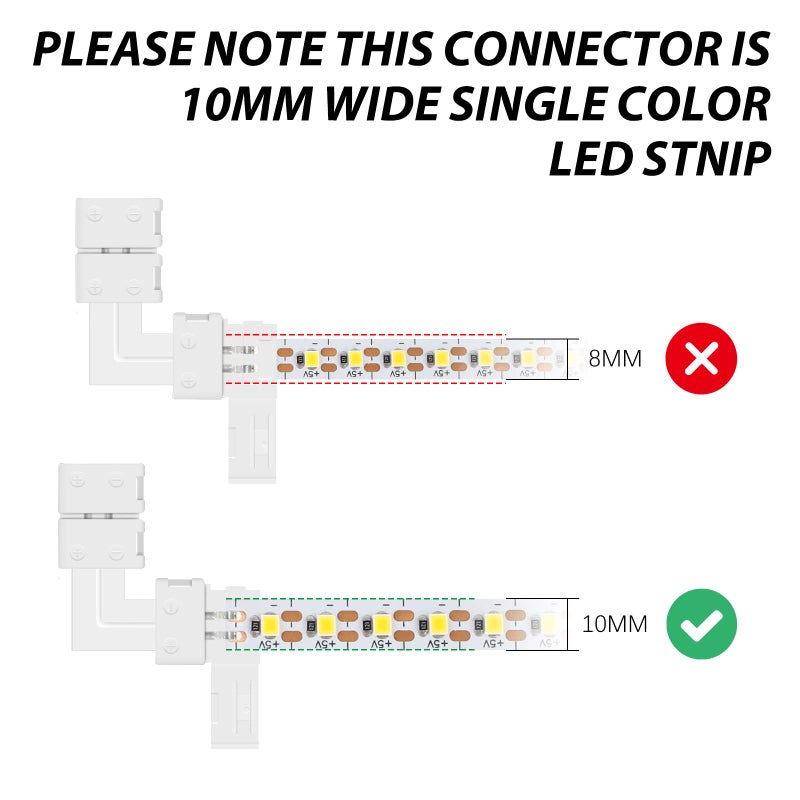VIPMOON L Shape 2 Pin LED Strip Connectors 10mm, 10 Pcs Right Angle Corner Connector 90Â° Degree Solderless Snap Down Quick for 10mm Wide 5050 5630 LED Light Strip Single Color - Image 4