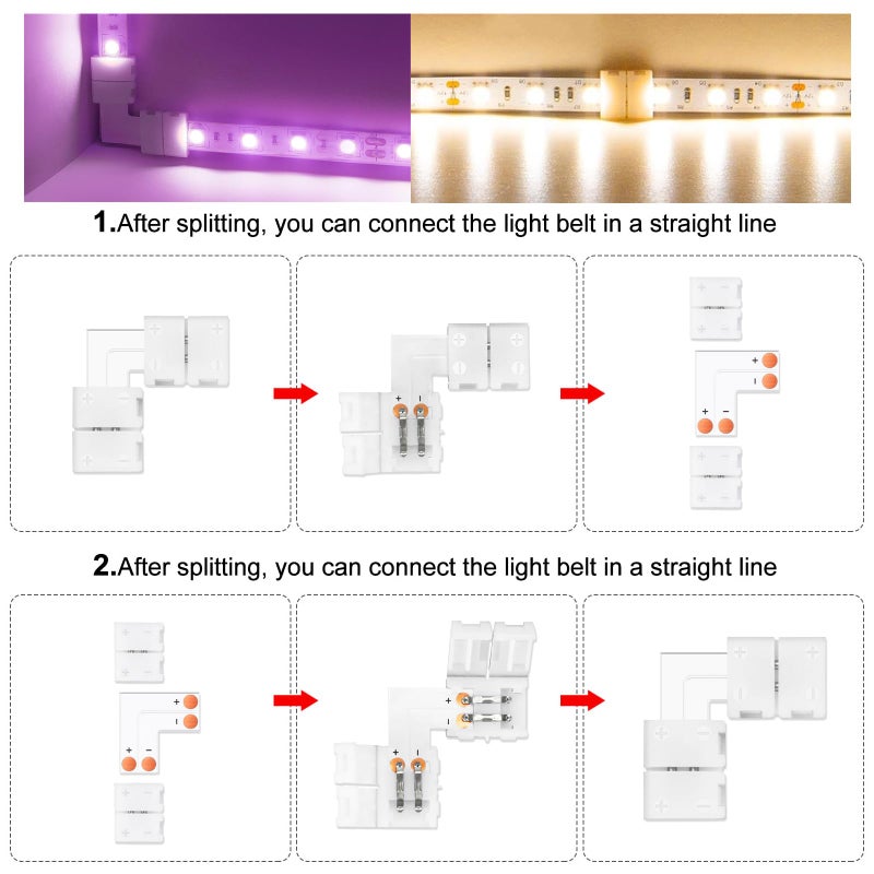 VIPMOON L Shape 2 Pin LED Strip Connectors 10mm, 10 Pcs Right Angle Corner Connector 90Â° Degree Solderless Snap Down Quick for 10mm Wide 5050 5630 LED Light Strip Single Color - Image 2