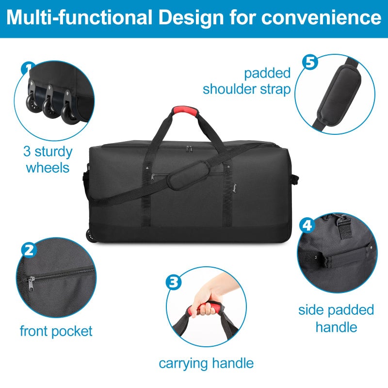Finnhomy 120L Foldable Rolling Duffel Bag with 3 Wheels, Light Weight Travel Duffel bag with Large Loading Capacity, 32 inch Rolling Duffel bag with Shoulder Strap for Travel Camping Sports, Black - Image 4