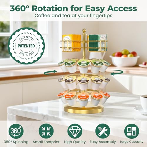 EsLuker.ly K Cup Holder Coffee Pod Organizer Carousel for Countertop, Rotatable Metal 4-Tier Storage Rack Stand for 30 K Cups & Tea Bags, Convenience Meets Elegance, Gold - Image 2