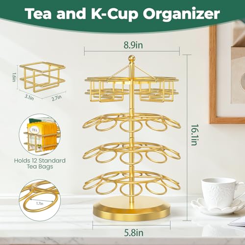 EsLuker.ly K Cup Holder Coffee Pod Organizer Carousel for Countertop, Rotatable Metal 4-Tier Storage Rack Stand for 30 K Cups & Tea Bags, Convenience Meets Elegance, Gold - Image 4