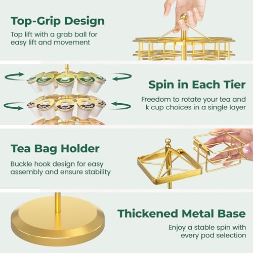 EsLuker.ly K Cup Holder Coffee Pod Organizer Carousel for Countertop, Rotatable Metal 4-Tier Storage Rack Stand for 30 K Cups & Tea Bags, Convenience Meets Elegance, Gold - Image 5