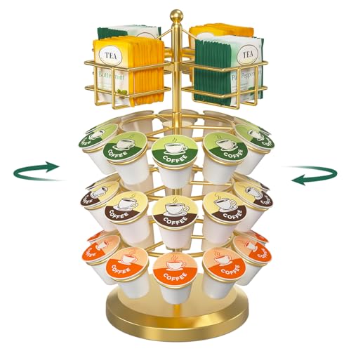 EsLuker.ly K Cup Holder Coffee Pod Organizer Carousel for Countertop, Rotatable Metal 4-Tier Storage Rack Stand for 30 K Cups & Tea Bags, Convenience Meets Elegance, Gold - Image 1