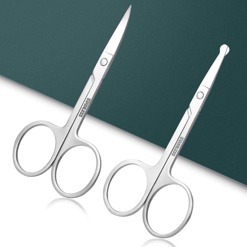 ChicAbode Small Facial Hair Grooming Scissors Eyebrow Eyelash Nose Scissors Stainless Steel Straight Curved Rounded Trimming Manicure Scissors (Pack Of 2) - Image 1
