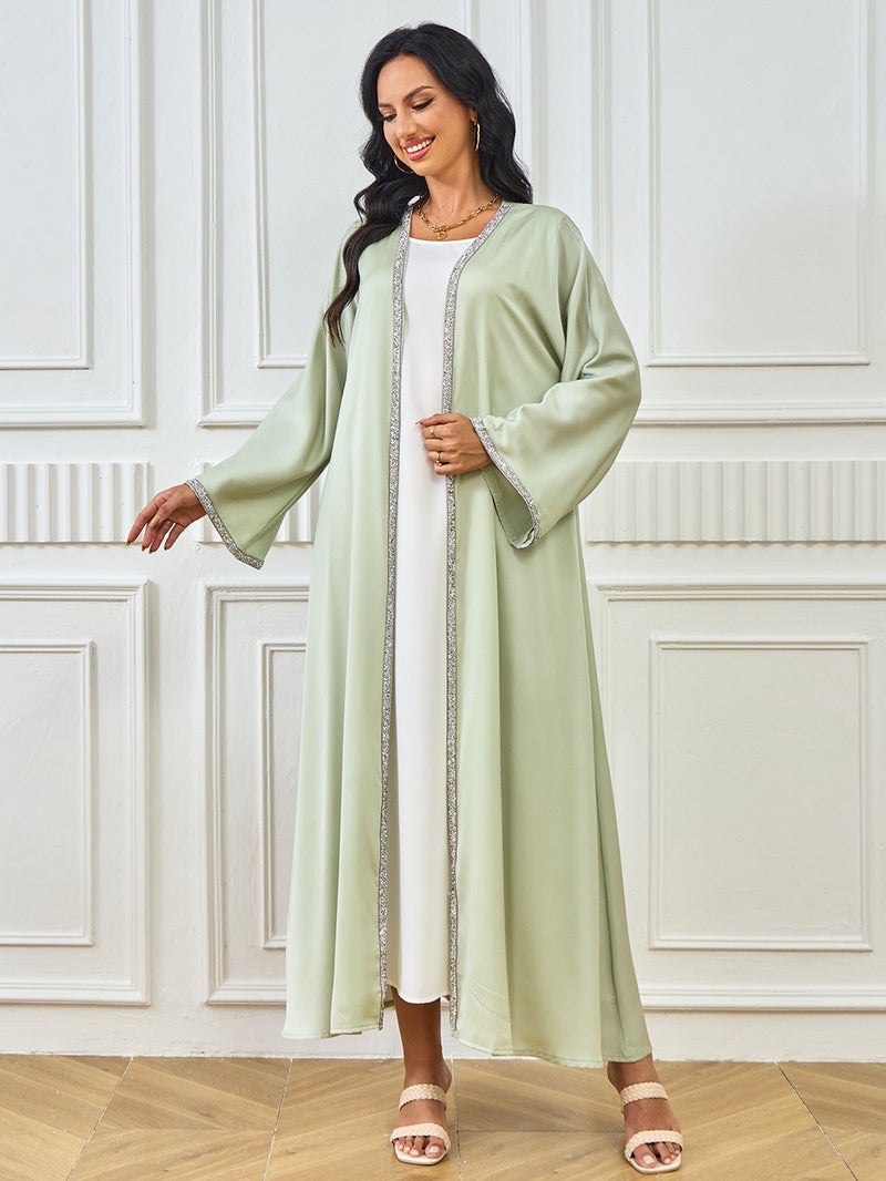 Elegant Rhinestone Embellished Abaya Dress for Women – Solid Color, Waist Cinching - Image 4