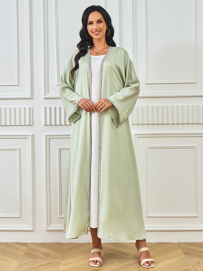 Elegant Rhinestone Embellished Abaya Dress for Women – Solid Color, Waist Cinching - Image 2