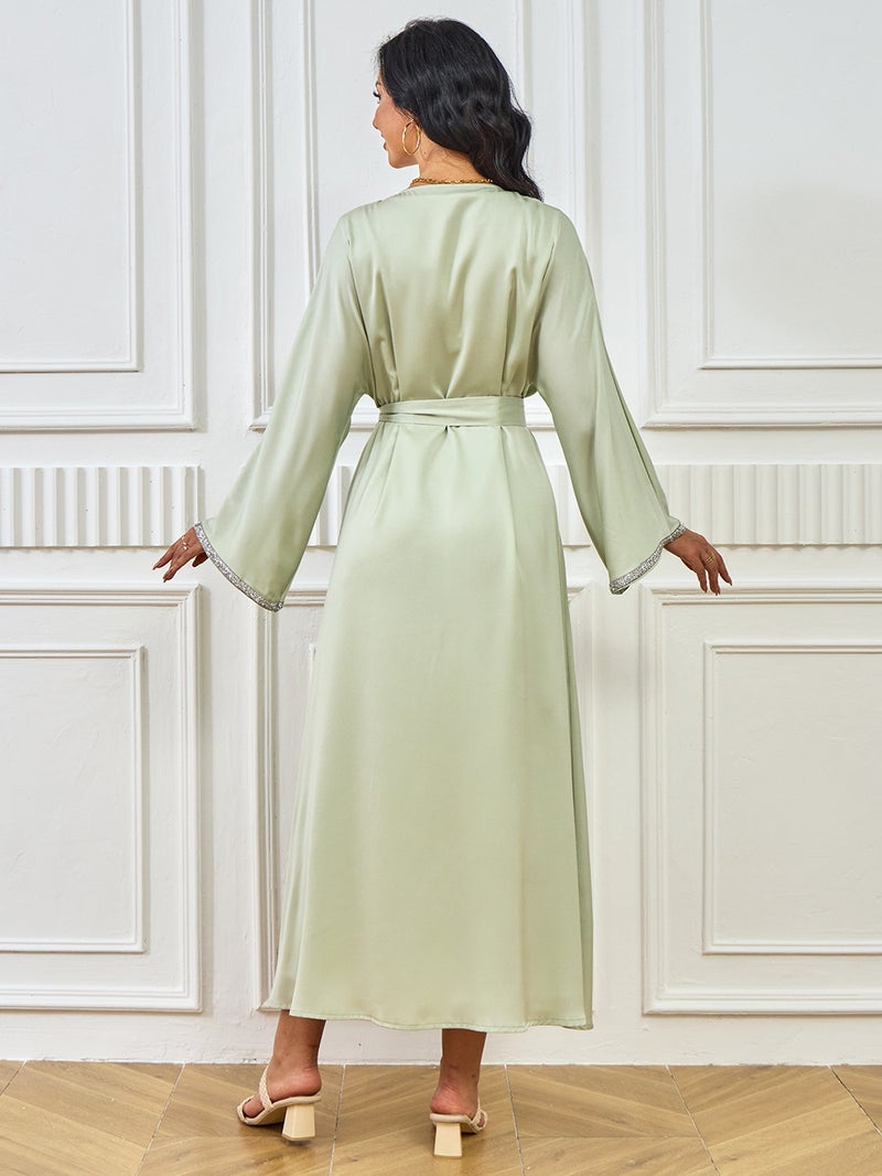 Elegant Rhinestone Embellished Abaya Dress for Women – Solid Color, Waist Cinching - Image 5