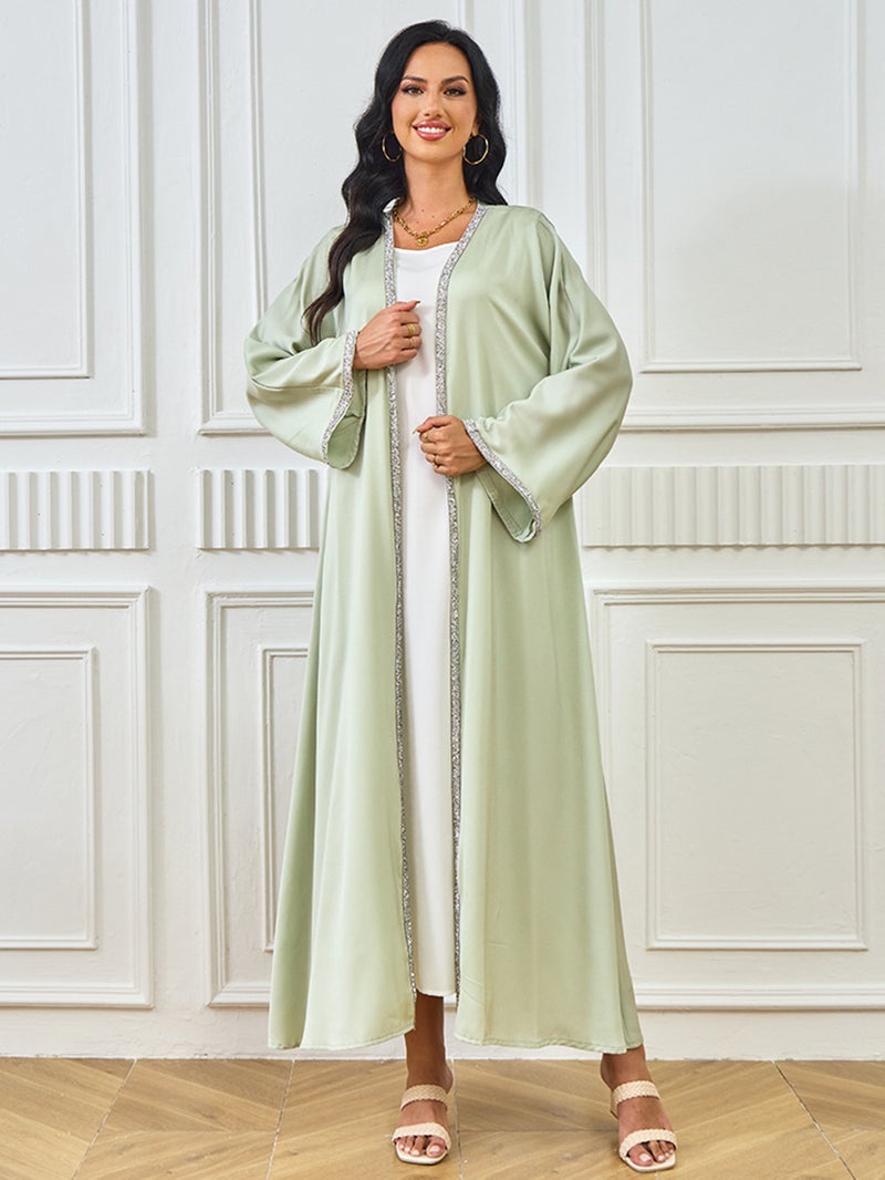 Elegant Rhinestone Embellished Abaya Dress for Women – Solid Color, Waist Cinching - Image 3