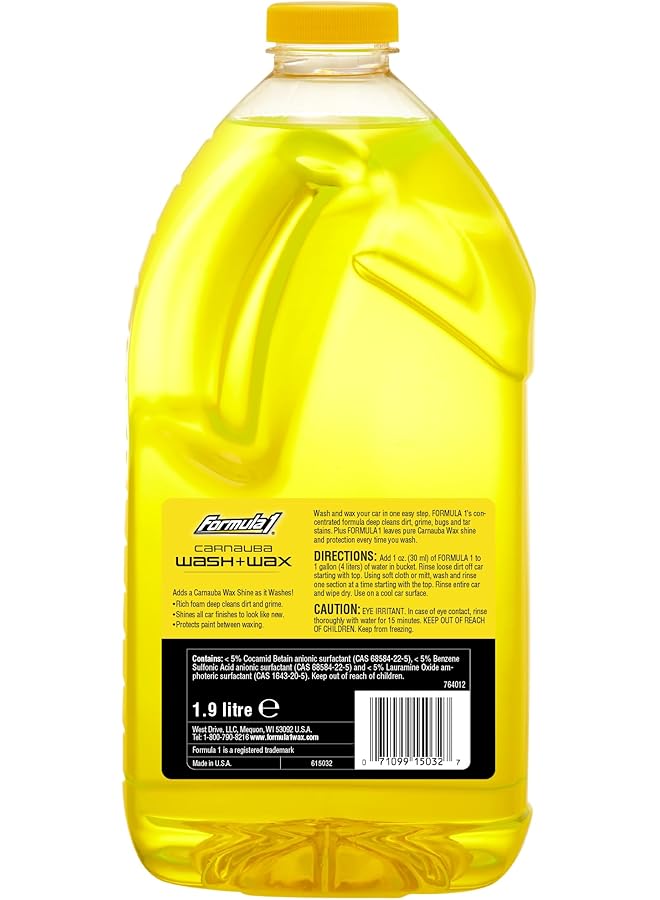 فورمولا 1 غسول وشمع كارنوبا للسيارات يزيل الأوساخ والغبار، ويحمي ويلمع، 64 أونصة، 615032، ارتفاع 12.6 سم × عرض 26 سم × عمق 9.2 سم - Image 2