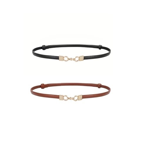 Preptep 2PCS women waist belt for women dresses,Thin Waist Belt - Adjustable Leather Belt with Gold Buckle Black & Brown Belts for ladies - Image 1