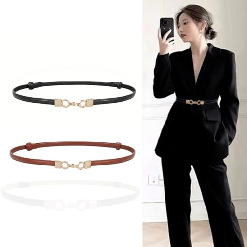 Preptep 2PCS women waist belt for women dresses,Thin Waist Belt - Adjustable Leather Belt with Gold Buckle Black & Brown Belts for ladies - Image 2