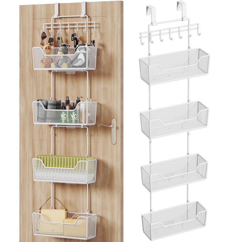 HapiRm Over Door Organizer Storage  Hanging Door Organizer with 4 Metal Large Capacity Baskets and Adjustable Coat Hook for Bathroom Bedroom Kitchen Pantry Closet Cabinet