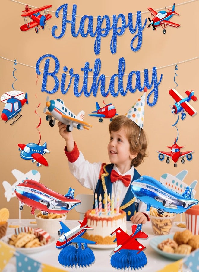 MZ.ogm Airplane Birthday Party Decorations - Airplane Party Decorations with Blue Glitter Happy Birthday Banner Plane Balloons Hanging Swirls Centerpieces for Boys Plane Themed Decor - Image 4