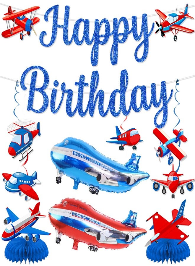 MZ.ogm Airplane Birthday Party Decorations - Airplane Party Decorations with Blue Glitter Happy Birthday Banner Plane Balloons Hanging Swirls Centerpieces for Boys Plane Themed Decor - Image 1