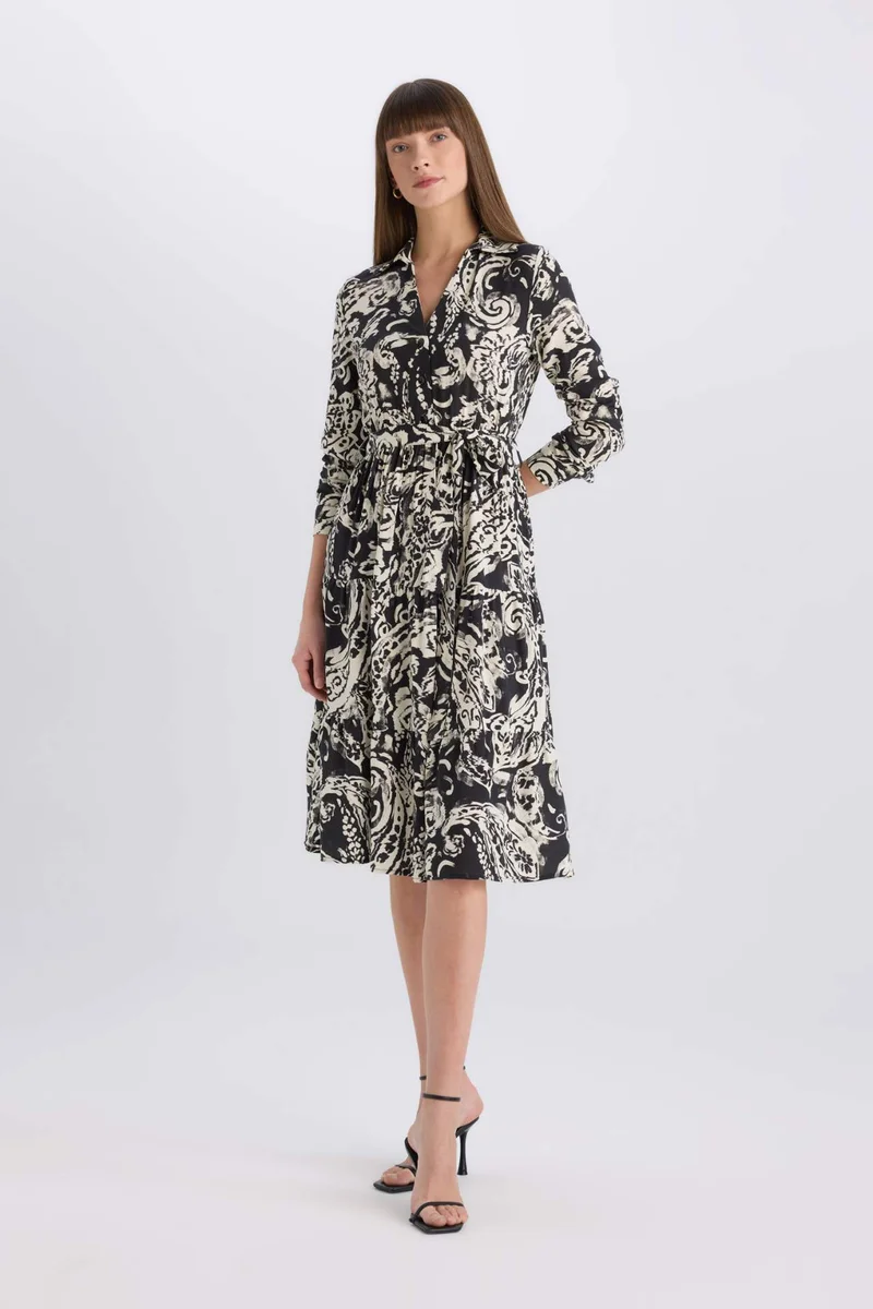 ديفاكتو Shirt Collar Animal Print Midi Dress