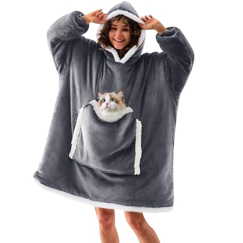 JOYWOO Wearable Blanket Hoodie, Birthday Gifts for Women Men Mom, Oversized Hooded Blanket for Adult, Cozy Fuzzy Sherpa Sweatshirt Blanket with Giant Pocket and Winter Gifts, Grey - Image 1