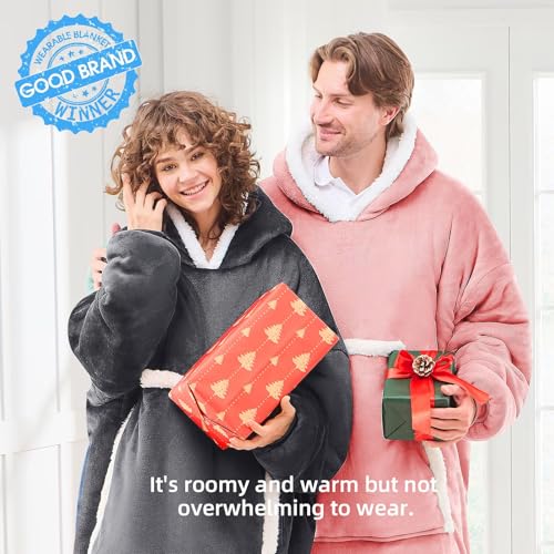 JOYWOO Wearable Blanket Hoodie, Birthday Gifts for Women Men Mom, Oversized Hooded Blanket for Adult, Cozy Fuzzy Sherpa Sweatshirt Blanket with Giant Pocket and Winter Gifts, Grey - Image 2