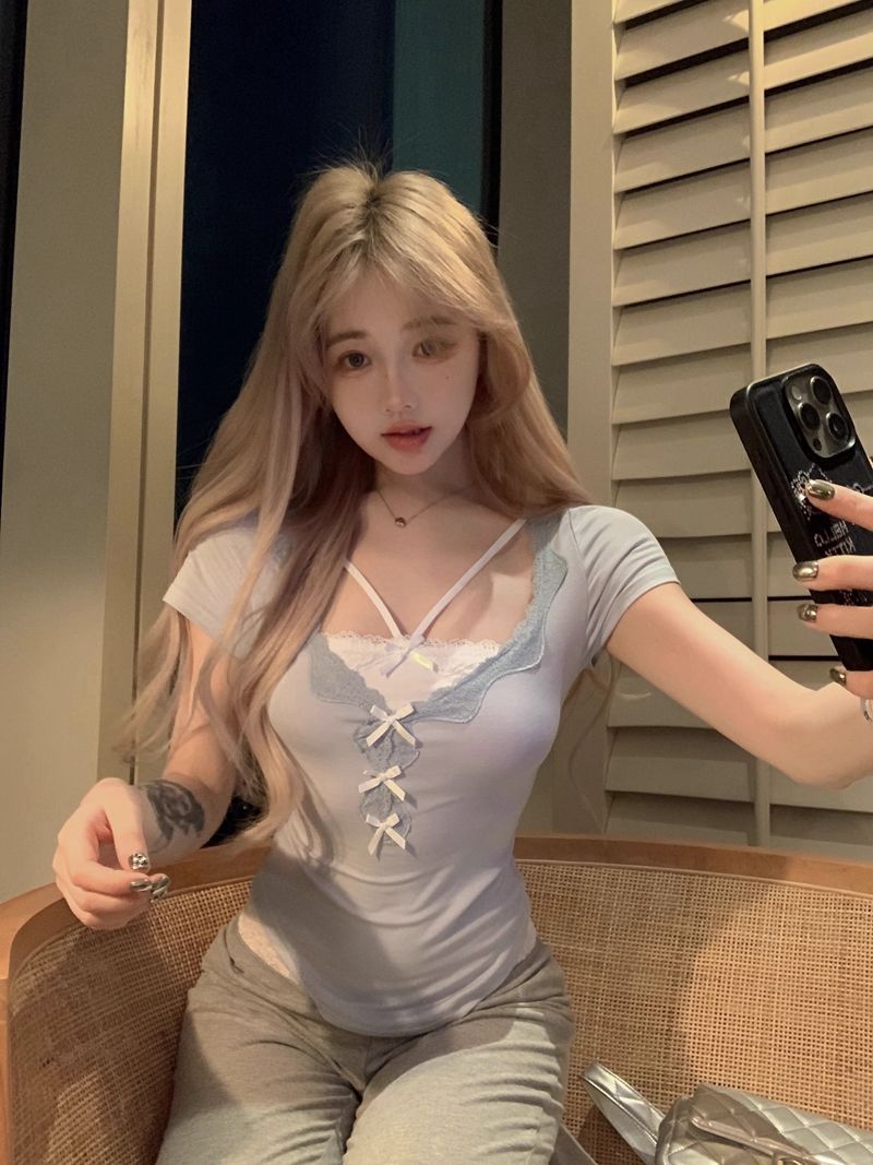 Pure Desire Fake Two-Piece Lace Short-Sleeved T-Shirt For Women Summer Gray Sweet Tie Bow Slim Short Style Beautiful Top - Image 5