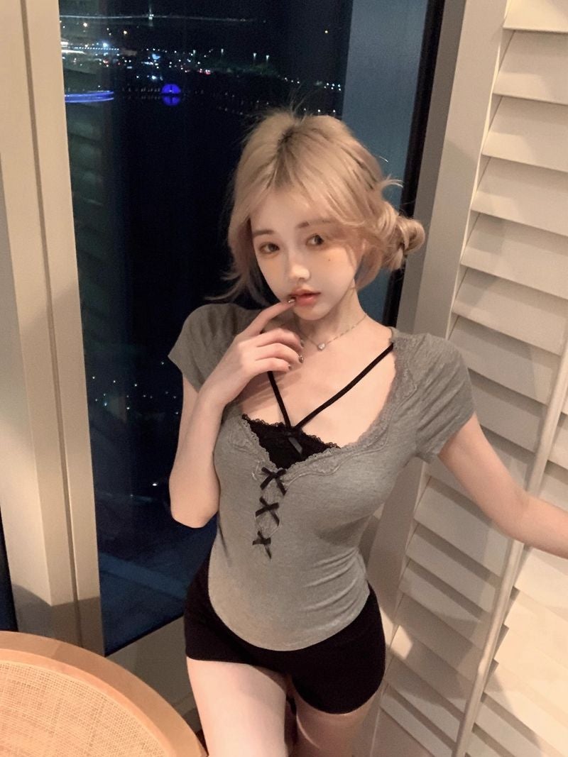 Pure Desire Fake Two-Piece Lace Short-Sleeved T-Shirt For Women Summer Gray Sweet Tie Bow Slim Short Style Beautiful Top - Image 3