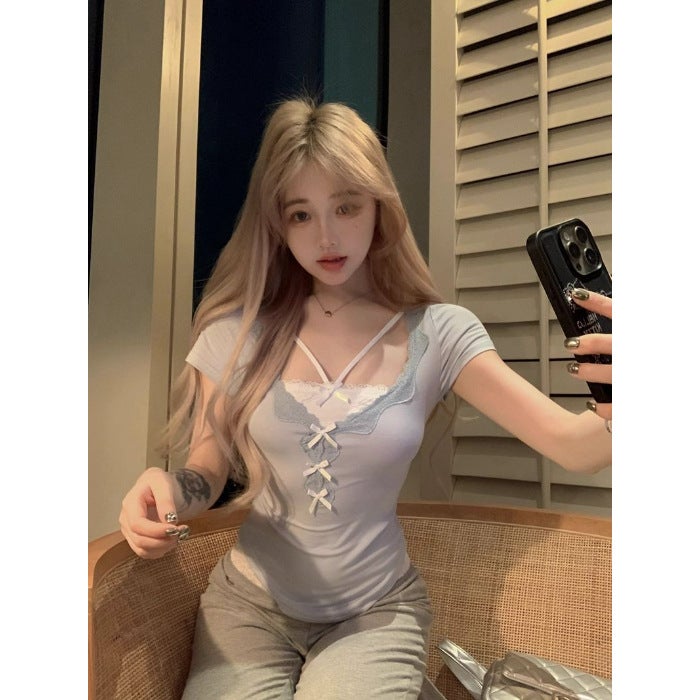 Pure Desire Fake Two-Piece Lace Short-Sleeved T-Shirt For Women Summer Gray Sweet Tie Bow Slim Short Style Beautiful Top - Image 1