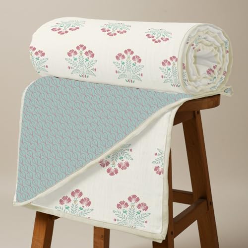 Urban Space 100% Cotton Malmal Double Bed Dohar, All Season Reversible Blanket, Soft, Lightweight and Breathable Ac Dohar/Quilt/Blanket/for Bed, Sofa AC Blanket (86 x 95 inch, Malhaar Dusty Blue) - Image 1