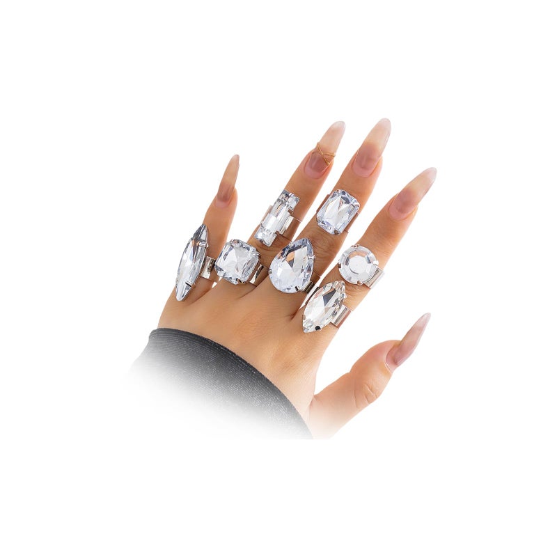 Uarein Chunky 7Pcs Silver Crystal Knuckle Ring Set Geometric Rhinestone Waterdrop Open Rings Stackable CZ Circle Square Finger Rings Jewelry Set for Women (7Pcs Crystal) - Image 1