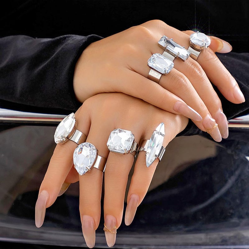 Uarein Chunky 7Pcs Silver Crystal Knuckle Ring Set Geometric Rhinestone Waterdrop Open Rings Stackable CZ Circle Square Finger Rings Jewelry Set for Women (7Pcs Crystal) - Image 4