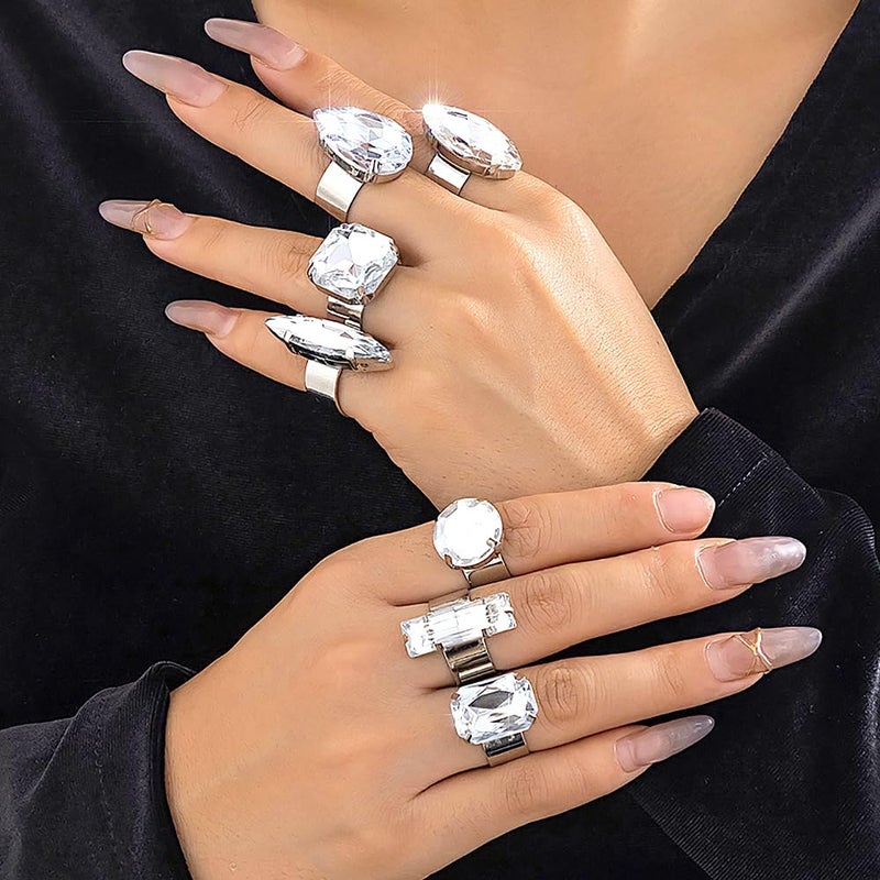 Uarein Chunky 7Pcs Silver Crystal Knuckle Ring Set Geometric Rhinestone Waterdrop Open Rings Stackable CZ Circle Square Finger Rings Jewelry Set for Women (7Pcs Crystal) - Image 2