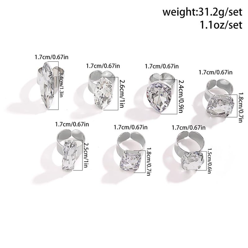Uarein Chunky 7Pcs Silver Crystal Knuckle Ring Set Geometric Rhinestone Waterdrop Open Rings Stackable CZ Circle Square Finger Rings Jewelry Set for Women (7Pcs Crystal) - Image 3