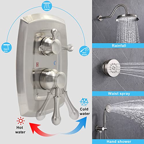 Drettyer Brushed Nickel Shower Valve Trim Kit Antique 3 Way Outlet Concealed Shower Mixer Diverter Valve Brass Roughin Mixing Valve Replacement - Image 3