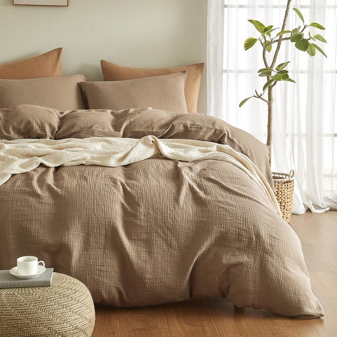 MUSLIN DUVET COVER KING SIZE 100 WASHED COTTON DUVET COVER SET ULTRA SOFT COMFORTER COVER LINEN LIKE 3 PIECES MINIMALIST GAUZE DUVET COVER WITH 2 PILLOWCASES 90X104 LIGHT BROWN