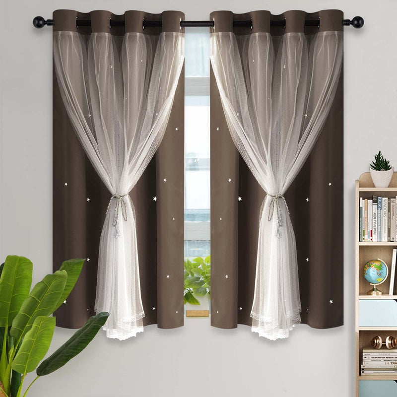 Kinryb Kids Blackout Curtains for BedroomLiving RoomClassroom Sheer Overlay Small 2 Panel Set Double Layer Curtains with Star Cutout for Kids RoomW 52 x L 45 InchesChocolate 2 Pcs