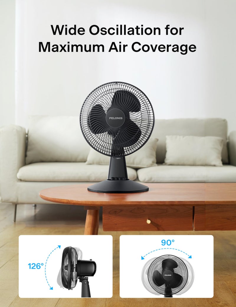 PELONIS Table Fan 12-Inch, 120Â° Oscillating Table Fan Small Portable Electric Plug-In Desk Fan with 3-Speeds, 126Â° Adjustable Tilt Head for Bedroom and Office Black - Image 3