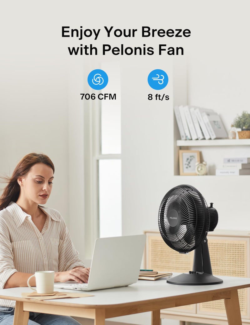 PELONIS Table Fan 12-Inch, 120Â° Oscillating Table Fan Small Portable Electric Plug-In Desk Fan with 3-Speeds, 126Â° Adjustable Tilt Head for Bedroom and Office Black - Image 2