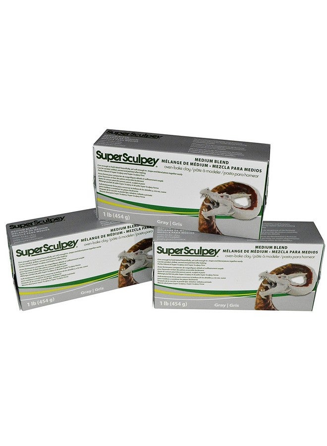 Polyform Super Sculpey Medium Blend Gray Oven-Bake Clay - Blend of Super Sculpey and Super Sculpey Firm - 1 Lb, Pack of 3 