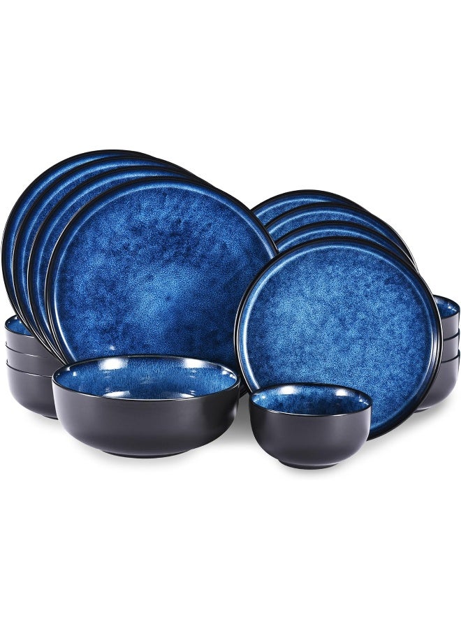 WHOLE HOUSEWARES طقم أطباق وأوعية سيراميك لجميع الأغراض - طقم عشاء آمن للاستخدام في الميكروويف وغسالة الصحون 16 قطعة مثالي للحفلات وأعياد الميلاد أو حفلات الزفاف باللون الأزرق - Image 1