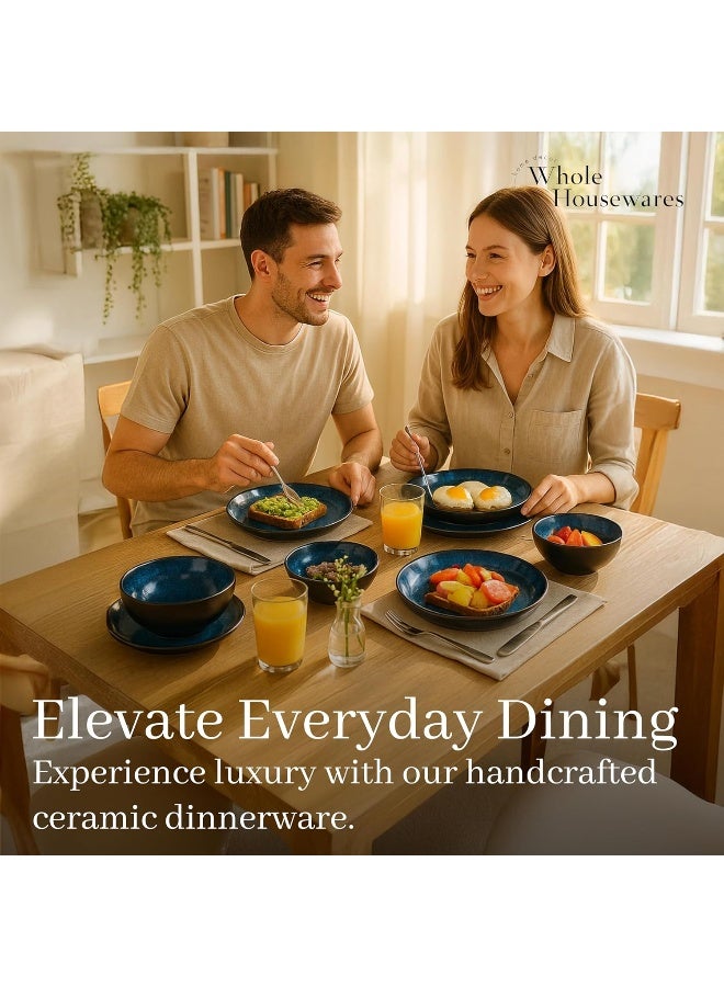 WHOLE HOUSEWARES طقم أطباق وأوعية سيراميك لجميع الأغراض - طقم عشاء آمن للاستخدام في الميكروويف وغسالة الصحون 16 قطعة مثالي للحفلات وأعياد الميلاد أو حفلات الزفاف باللون الأزرق - Image 4