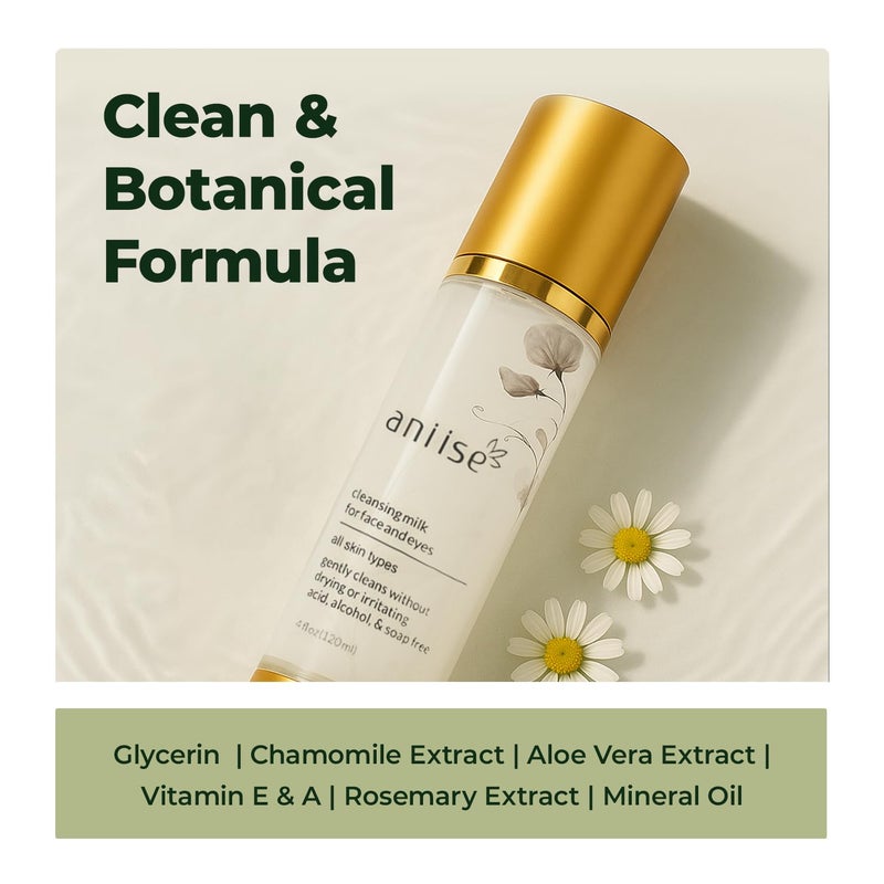 aniise Cleansing Milk for Face & Eyes â€“ Makeup Remover & Hydrating Cleanser with Glycerin, Aloe Vera & Chamomile â€“ Refines Pores, Promotes Even Complexion â€“ For All Skin Types â€“ 4 fl oz (120 mL) - Image 3