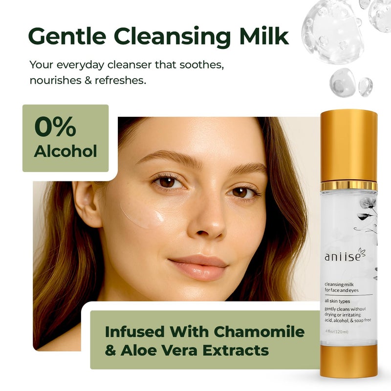 aniise Cleansing Milk for Face & Eyes â€“ Makeup Remover & Hydrating Cleanser with Glycerin, Aloe Vera & Chamomile â€“ Refines Pores, Promotes Even Complexion â€“ For All Skin Types â€“ 4 fl oz (120 mL) - Image 2
