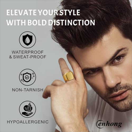 ENHONG Mens Rings Stainless Steel Square Signet Rings for Men,18K Gold Plated Pinky Thumb Ring for Dad Father Jewelry Gift for Him,Men's Ring for Biker Size 7 - Image 2