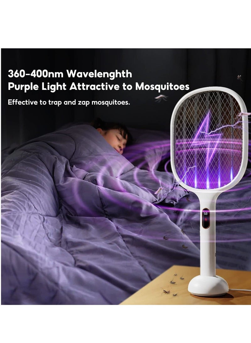 Electric Fly Swatter Racket Rechargeable Handheld Bug Zapper 4000V with 2 Stand Base Large Surface Fly Killer with Power Display for Indoor Outdoor